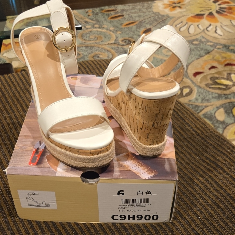 Elegant White Wedge Sandals, Worn Once
